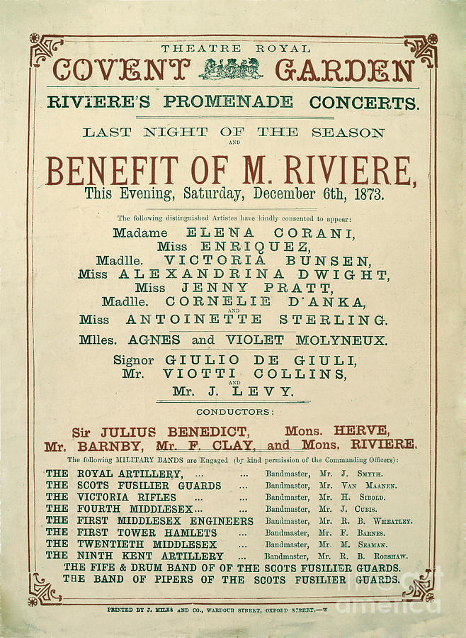 Announcement For Rivieres Promendade Concerts At The Theatre Royal, Covent Garden On 6 December 1873, C.1873 Drawing by English School