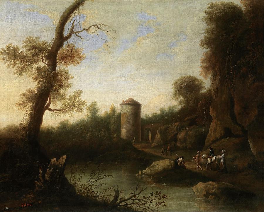 Anonymous -Circle of Both, Jan- / Paisaje banado por un rio con jinete y un torreon, Dutch School. Painting by Jan Dirksz Both -c 1610-1652-