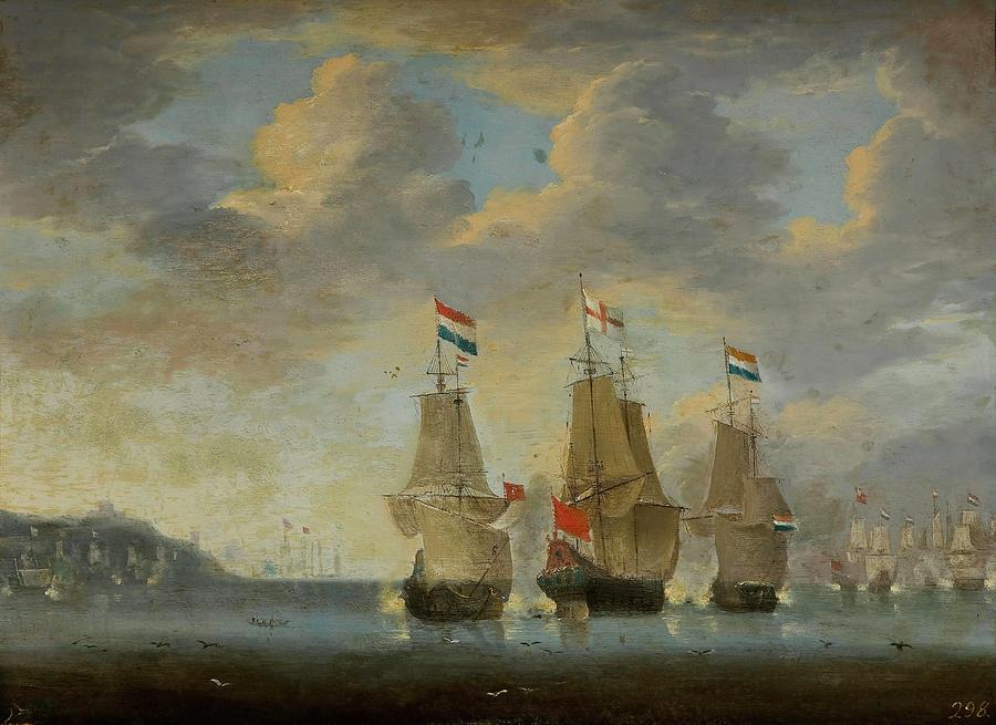 Anonymous / Naval Battle, 1660-1670, Dutch School, Oil on canvas, 46 cm x 62 cm, P02144. Painting by Anonymous