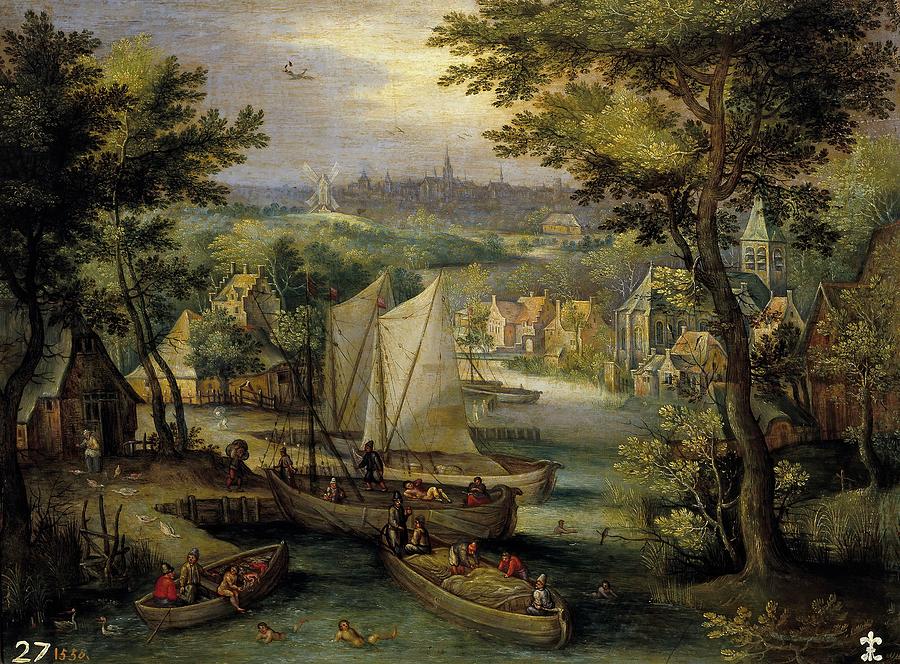 Anonymous / River Landscape, 1600-1635, Flemish School. Painting by Anonymous Anonymous / River Landscape, 1600-1635, Flemish School. Painting by Anonymous