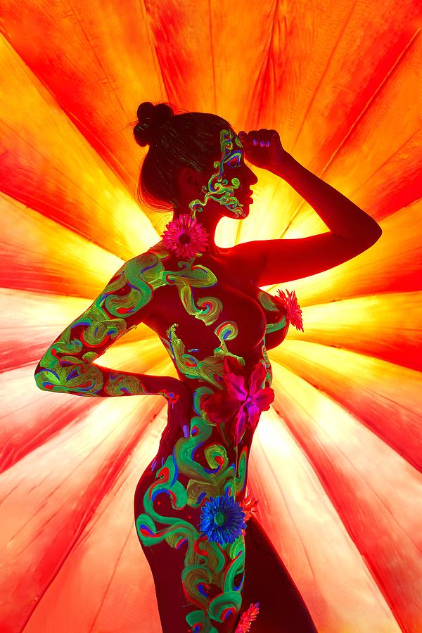 Body Photograph - Anonymous Slim Naked Female With Colorful Fluorescent Art On Body by Andrey Guryanov