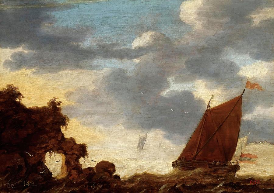 Anonymous / Veleros junto a unas rocas, 17th century, Dutch School, Oil on panel. Painting by Anonymous Anonymous / Veleros junto a unas rocas, 17th century, Dutch School, Oil on panel. Painting by Anonymous