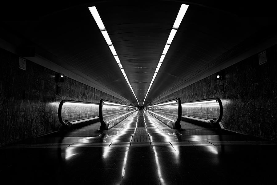Black And White Photograph - Another Moving Walkway by Roland Weber