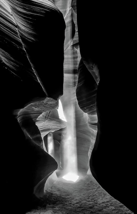 Antelope Canyon Double Beam - Black and White Photograph by Gregory Ballos