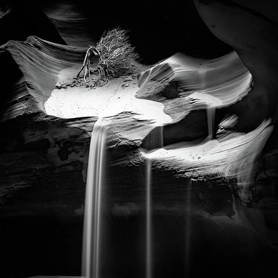 Antelope Canyon Sandstone and Sand Waterfall - Monochrome Photograph by Gregory Ballos