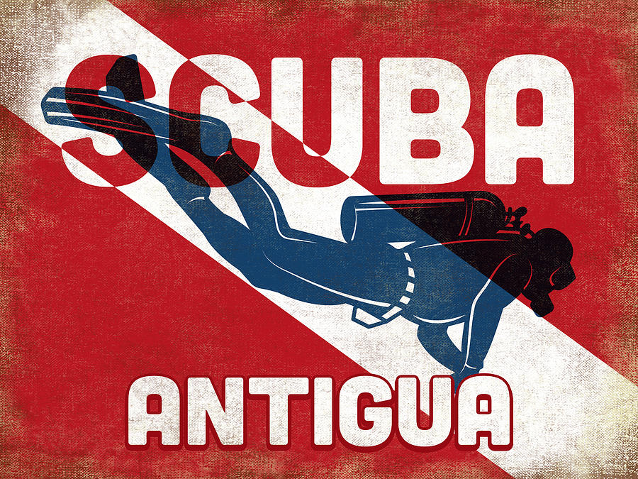 Antigua Scuba Diver - Blue Retro Digital Art by Flo Karp