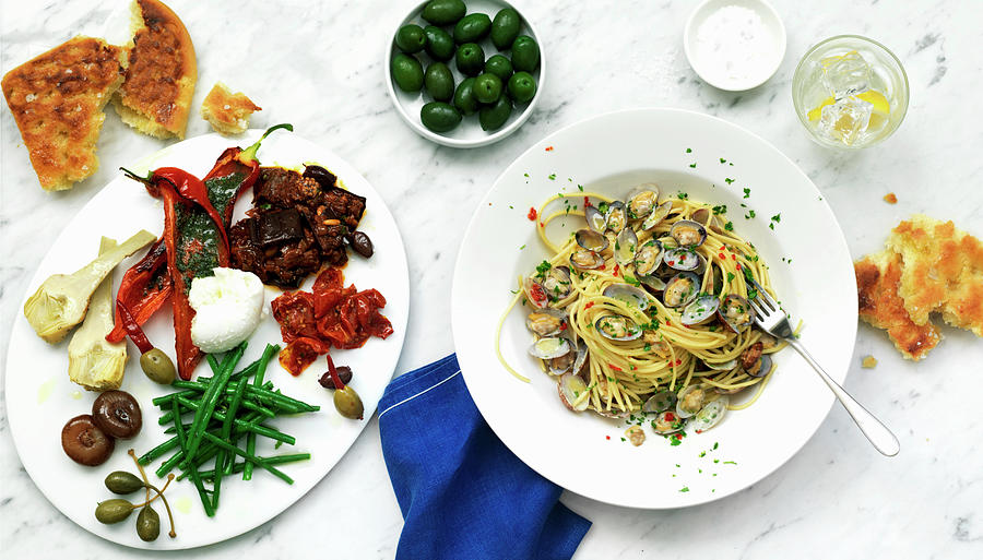 Antipasti And Spaghetti Vongole Photograph by Hugh Johnson