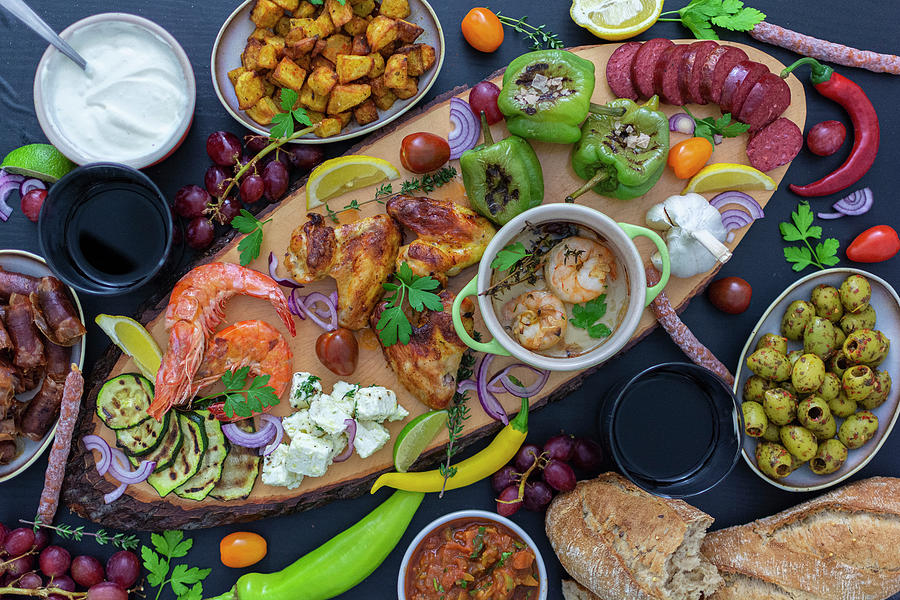 Antipasti Plate With Various Vegetables, Shrimps, Dips, Fruit, Bread And Chicken Photograph by Felix Kochbook