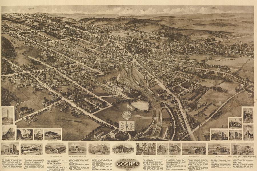 Antique Aero View Map of Goshen, New York - Old Cartographic Map ...