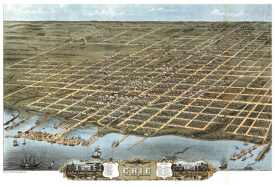 Antique Bird's Eye View Map of Erie, Pennsylvania - Old Cartographic ...