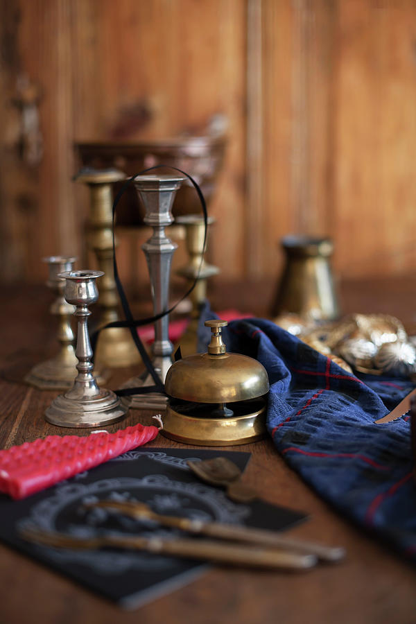 Antique Brass Bell And Candle Holders Photograph by Alicja Koll
