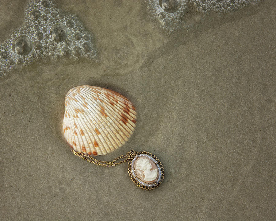 Antique Cameo and Pearl Necklace and Shell in the Sand Photograph by Mitch Spence
