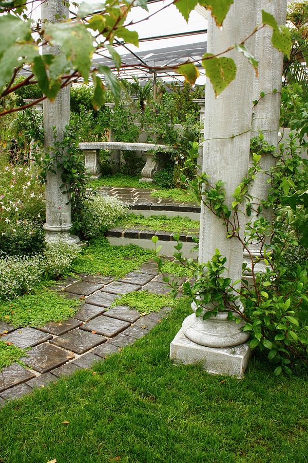 Antique Columns Lining Path And Steps Leading To Stone Bench In Seating Area Photograph by Great Stock!
