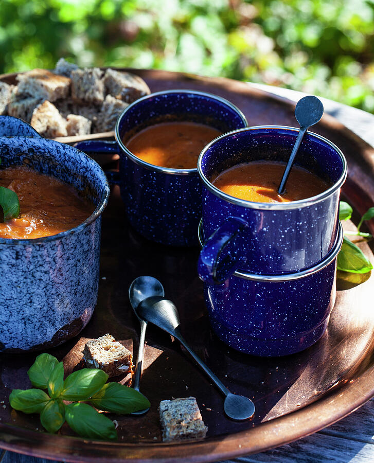 Summer Photograph - Antique Enamel Mugs With Tomato Soup Topped With Basil And Whole Wheat Croutons by Ryla Campbell
