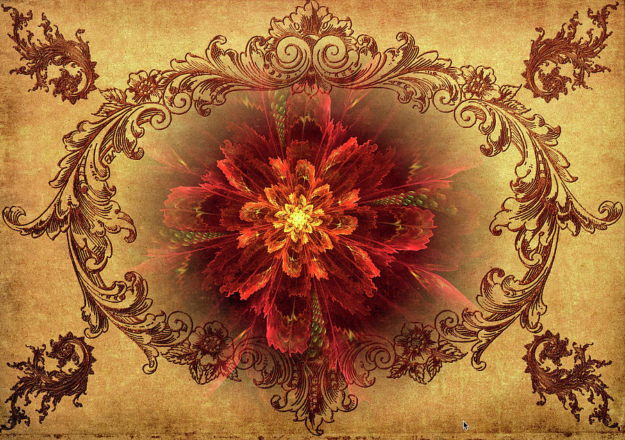 Filigree Mixed Media - Antique Foral Filigree In Crimson and Gold by Clive Littin