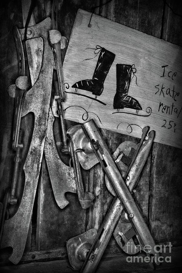 Vintage Photograph - Antique Ice Skates for Adult and Child black and white by Paul Ward
