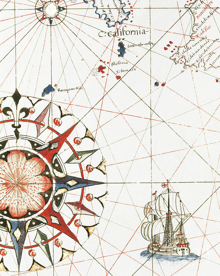 Antique Map Detail showing ship and compass rose Drawing by European School