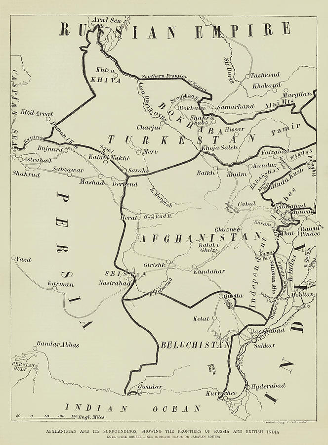 Antique Map Of Afghanistan And Its Surroundings Showing The Frontiers Of Russia And British India Drawing By English School