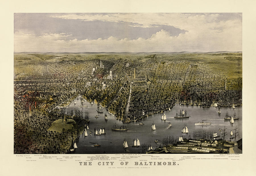 Antique Map of Baltimore, Maryland, Currier and Ives, 1880 Drawing by Blue Monocle