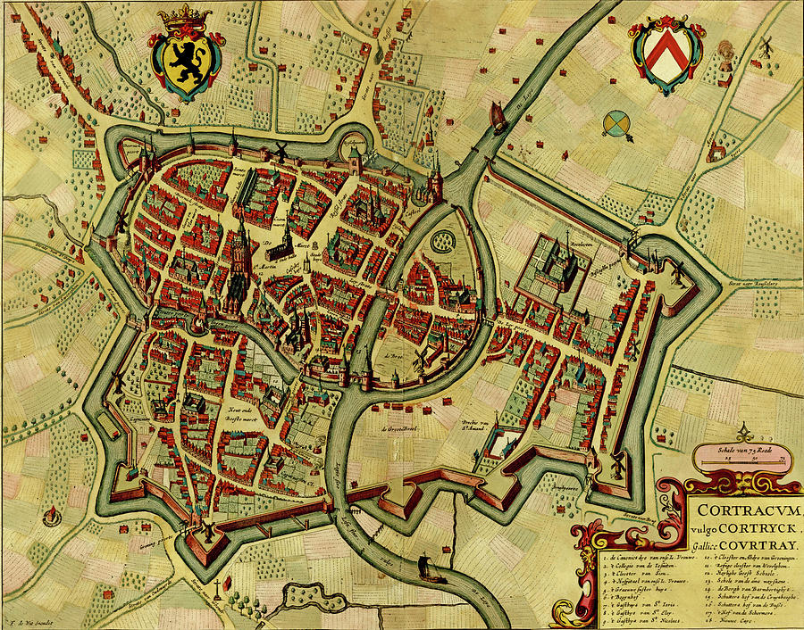 Antique map of  Courtray, Belgium  Photograph by Steve Estvanik