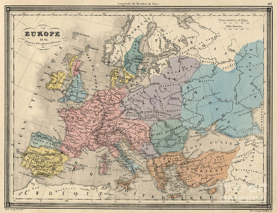 Antique map of Europe in 814 Drawing by French School