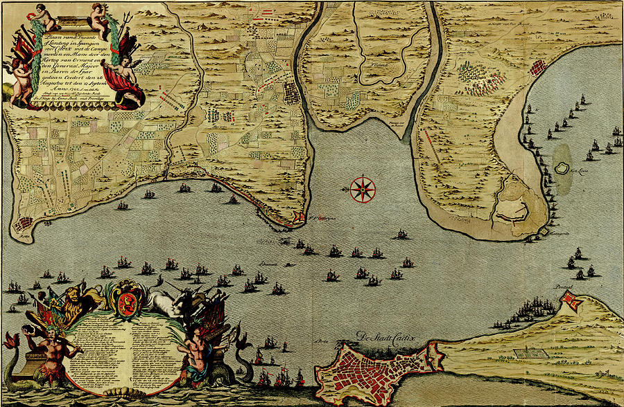 Antique map of  the battle of Cadiz, 1701 in Spain  Photograph by Steve Estvanik