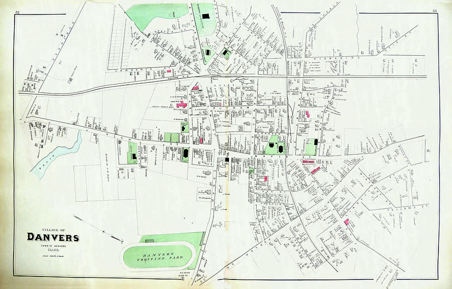 Antique Map of the City of Danvers Old Cartographic Map Antique