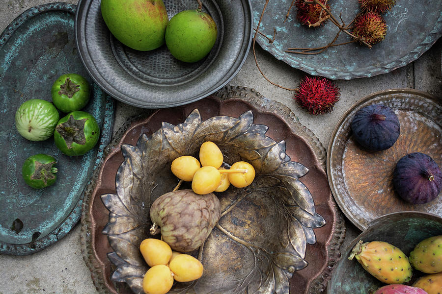Antique Platter And Bowls With Lychee, Custard Apple Fruits, Figs, Rambutan Lychee, Thai Eggplants And Mangoes Photograph by Sian Irvine