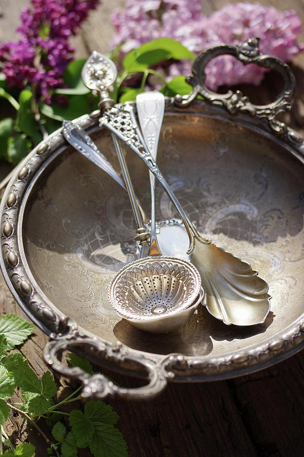 Antique Silver Cutlery In A Silver Bowl Photograph by Angelica Linnhoff
