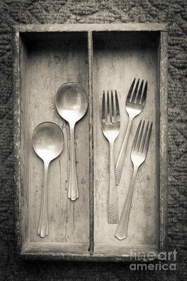 Antique Silverware in Wooden Box Photograph by Edward Fielding