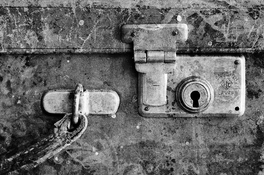 Still Life Photograph - Antique Suitcase Details Bw by Tom Quartermaine