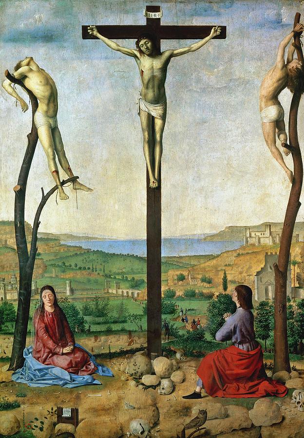 Antonello da Messina / The Antwerp Crucifixion, 1454-1455, Oil on wood, 59.7 x 42.5 cm. JESUS. Painting by Antonello da Messina -c 1430-1479-