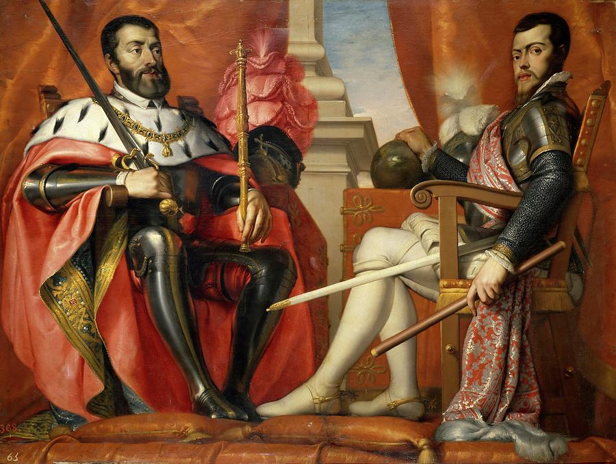 Antonio Arias Fernandez / Charles V and Philip II, 1639-1640, Spanish School. Painting by Antonio Arias -1614-1684-