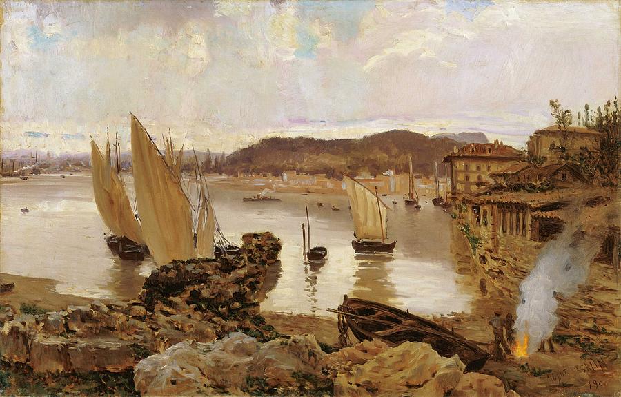 Architecture Painting - Antonio Munoz Degrain The Port of Bilbao 1900 by Celestial Images