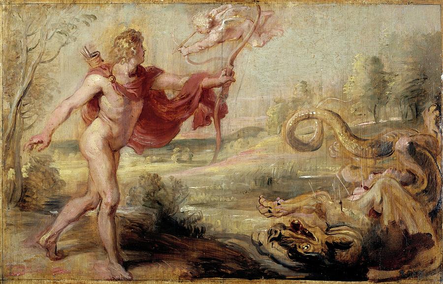 Apollo and the Python, 1636-1637, Flemish School, Oil on panel, 26,8 cm x ... Painting by Peter Paul Rubens -1577-1640-