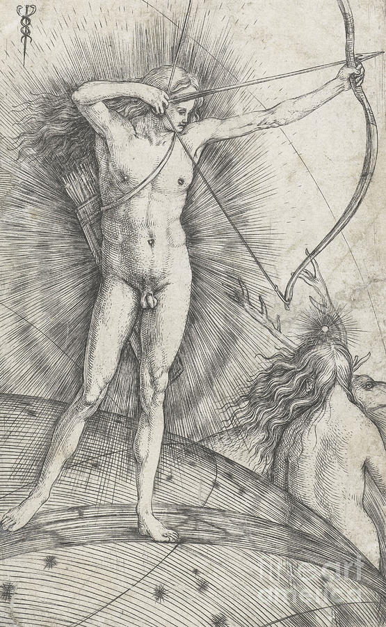 Apollo with bow and arrow on celestial globe and Diana with deer Drawing by Jacopo de Barbari