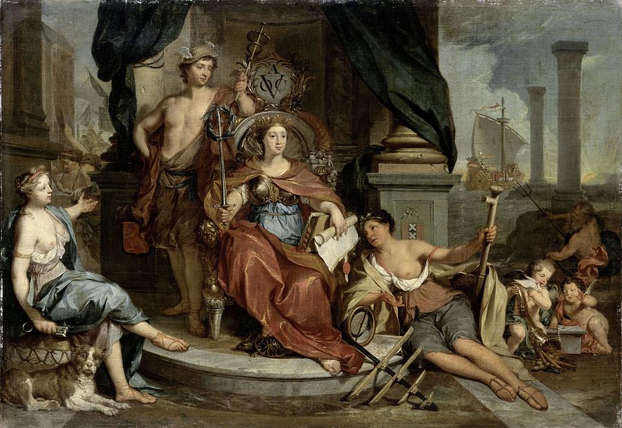 Apotheosis of the Dutch East India Company -Allegory of the Amsterdam Chamber of Commerce of the ... Painting by Nicolaas Verkolje
