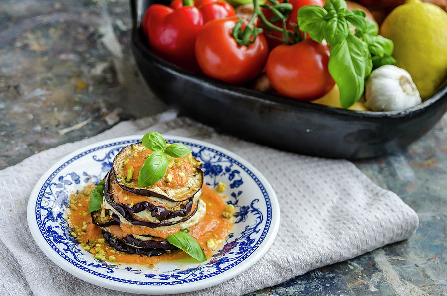 Appetiser Of Parmigiana With Grilled Aubergines, Creamy Tomato And Ricotta Cheese Sauce, Tomato Sauce, Fresh Basil, Mozzarella Photograph by Giulia Verdinelli Photography