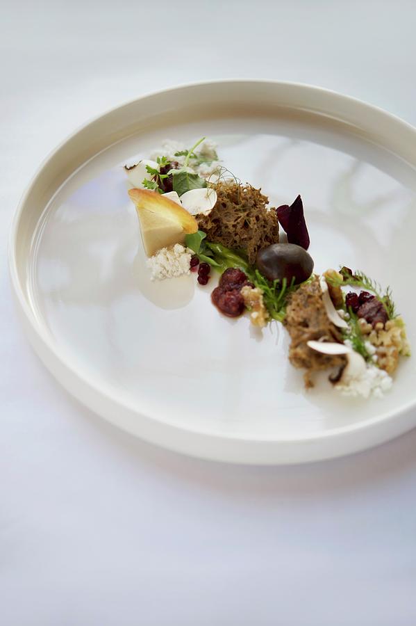 Appetiser: Wild Herbs, Porcini Mushrooms And Sloes, Restaurant st. Andreas In The blauer Engel Hotel In Aue Photograph by Jalag / Maria Schiffer