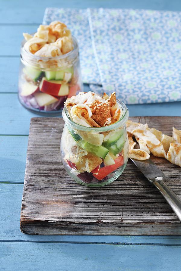 Apple And Cucumber Salad With Pancake Strips In A Glass Jar Photograph by Zita Csig