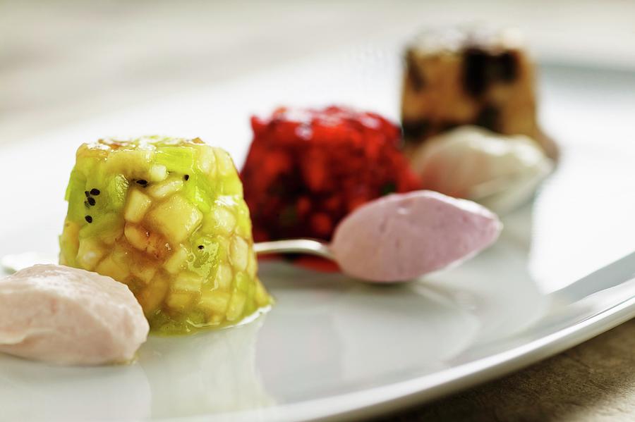 Apple And Kiwi, Strawberry And Mint And Plum And Pear Desserts Photograph by Lehmann, Herbert