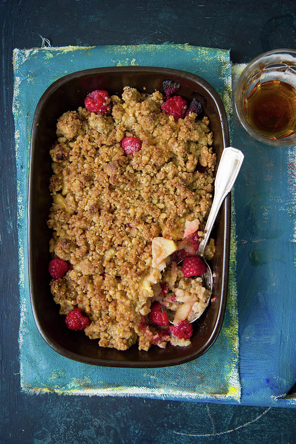 Apple And Raspberry Crumble In A Baking Dish seen From Above Photograph by Patricia Miceli