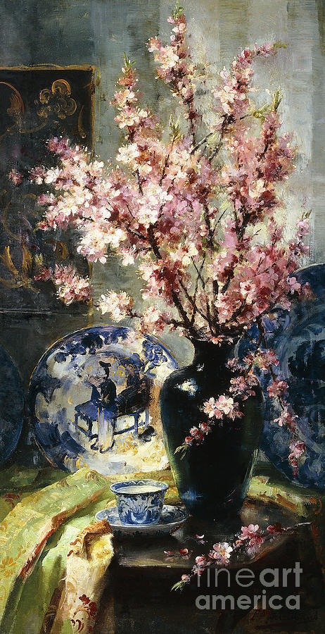 Apple Blossoms and Blue and White Porcelain on a Table Painting by Frans Mortelmans