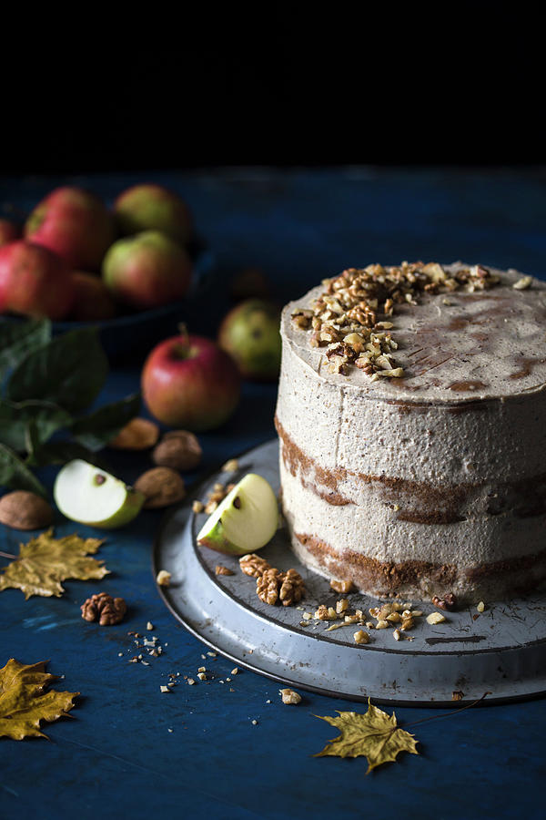 Apple Layer Cake With Walnut Frosting, On A Dark Surface Photograph by Malgorzata Laniak