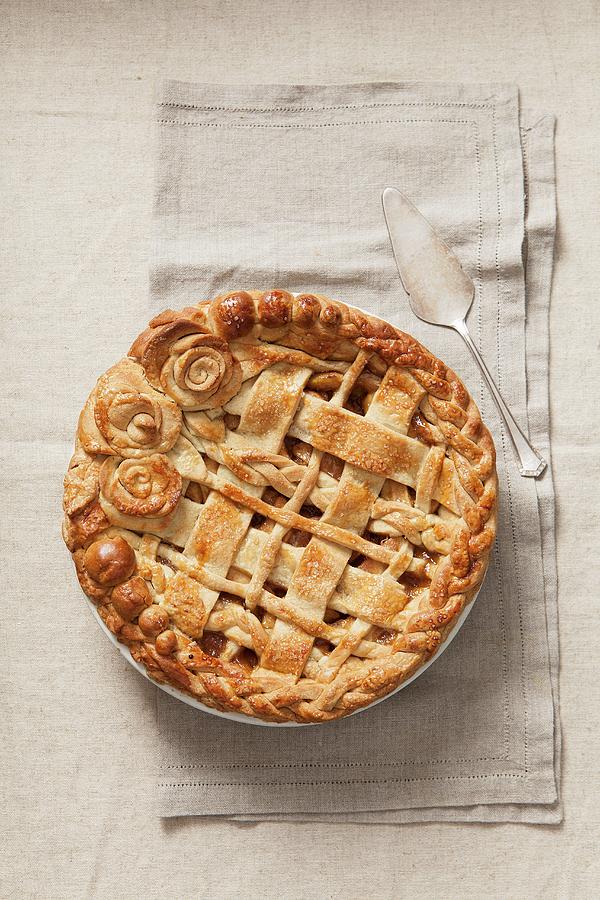 Apple Pie Decorated With A Dough Lattice And Dough Flowers top View Photograph by Stacy Grant
