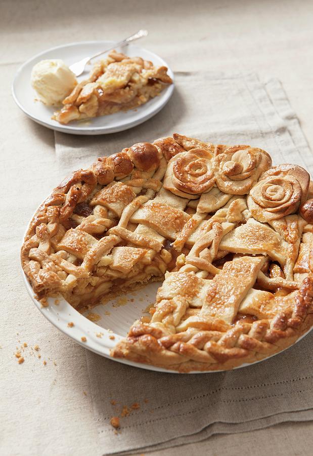 Apple Pie With A Dough Lattice And Pastry Roses In A Baking Dish, Cut Photograph by Stacy Grant