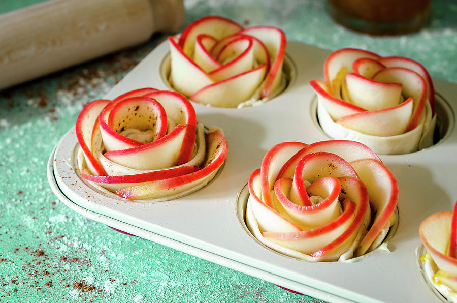 Apple Roses In Puff Pastry In A Muffin Tin unbaked Photograph by Giulia Verdinelli Photography
