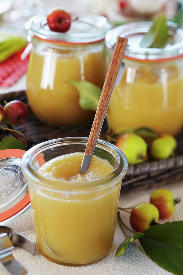 Apple Sauce In Small Jars Decorated With Ornamental Apples Photograph by Franziska Taube
