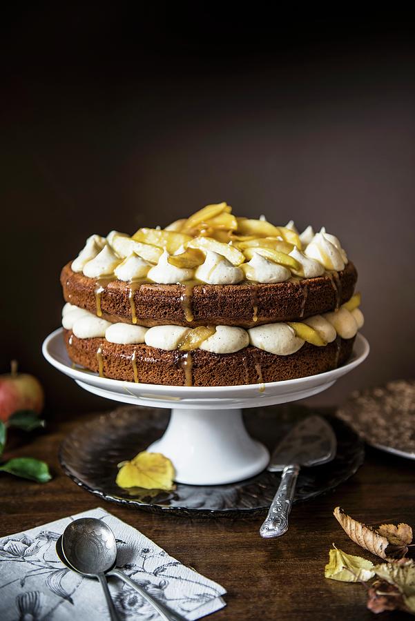 Apple & Toffee Cake On A Cake Stand Photograph by Magdalena Hendey
