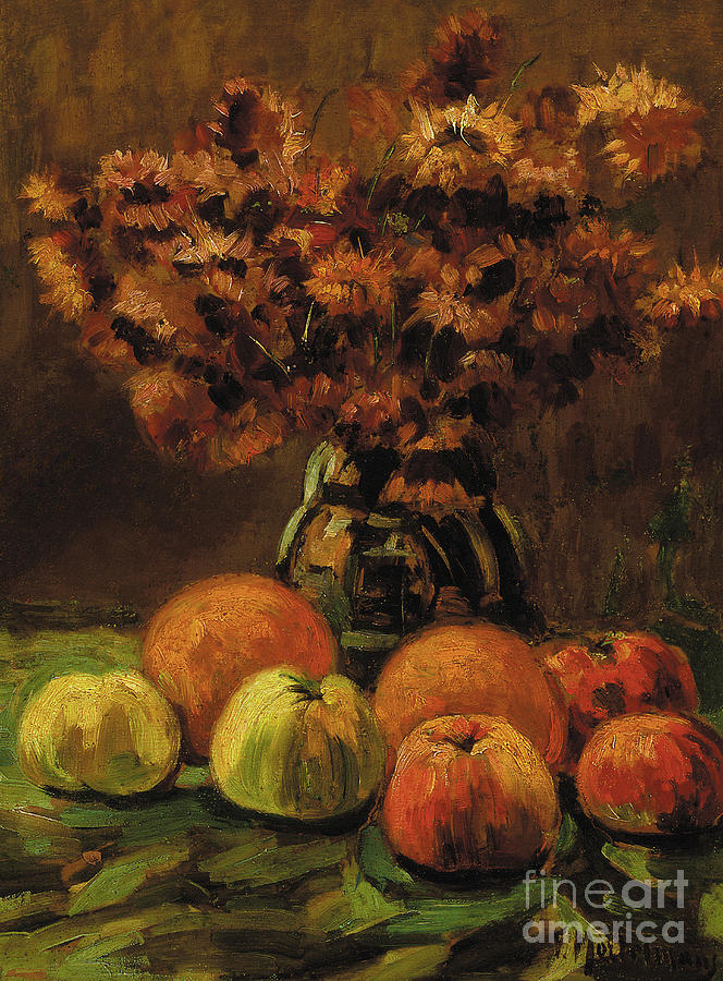 Apples, oranges and a vase of flowers on a table  Painting by Frans Mortelmans